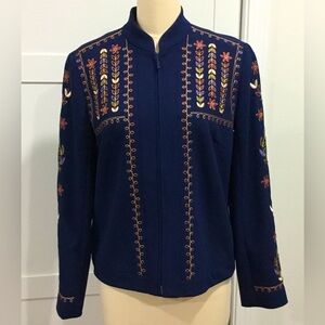 Dennis 6 Navy Blue Fall Leaf Embroidered Long Sleeve Jacket Dress Coat Blazer
